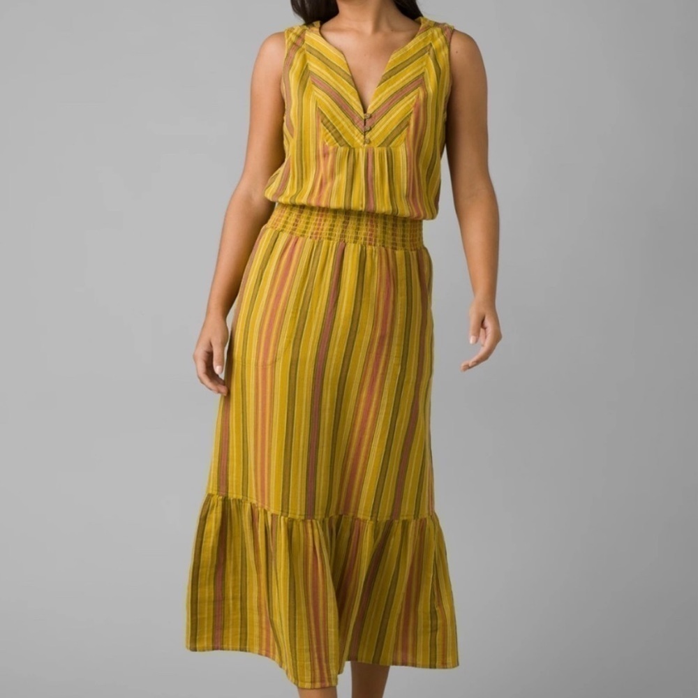 NWT Prana California Dreaming Sleeveless Button Front Midi Dress Leapfrog Stripe